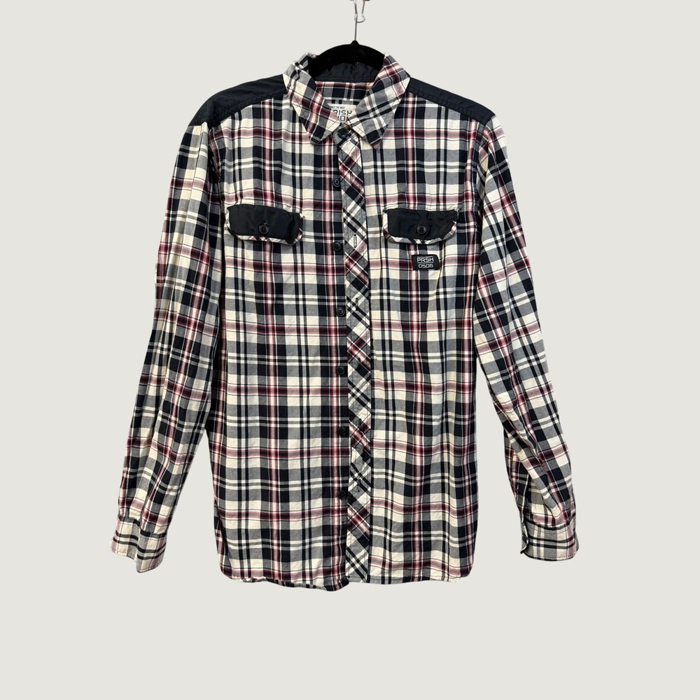 Parish Nation Mens Plaid Flannel Button Down Shirt Black Red White Utility L